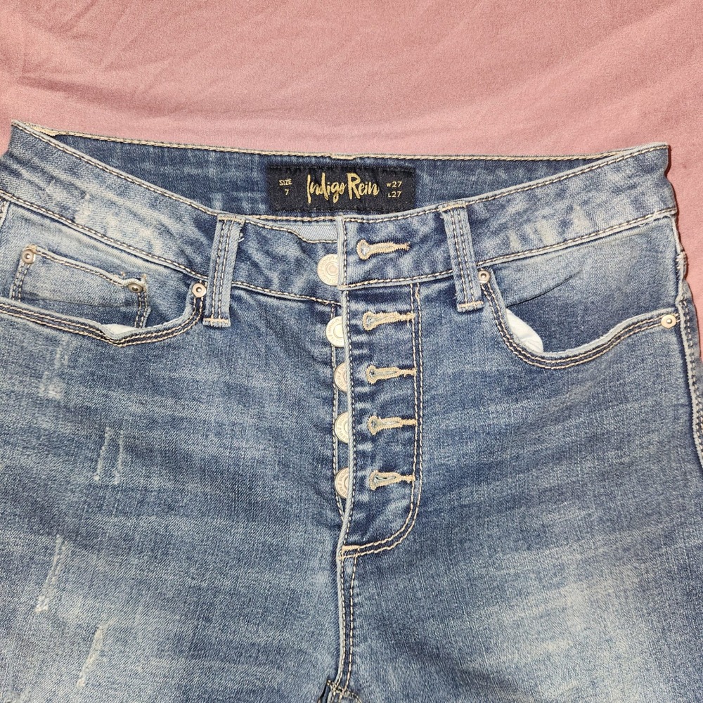 Indigo Rein Womens Distressed Skinny Jeans Blue Button Fly Size 7 W27 L27